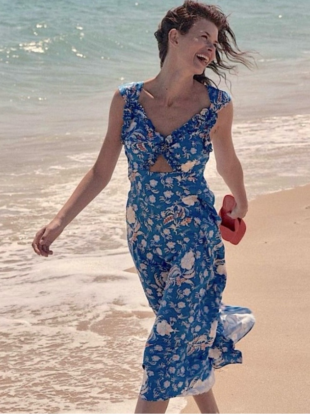 ❄️🩵DÔEN ‘Amoretta’ Silk Azure Hollyhock Hills Ruffle Maxi Dress Blue XS